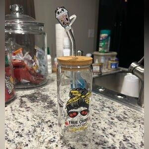 True Crime Obsessed glass with wooden lid and straw